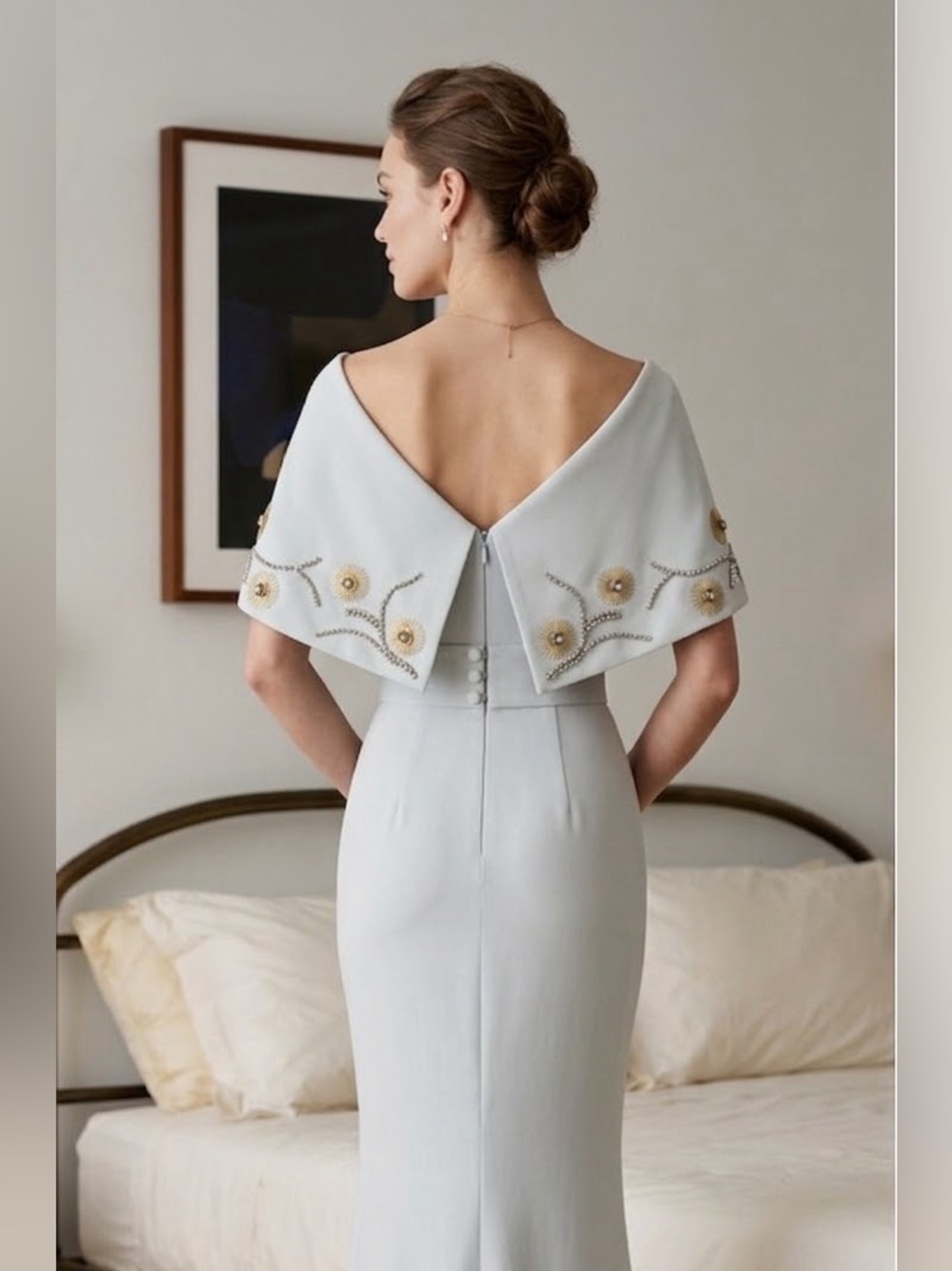 Safiyaa Blue Backless Off-Shoulder Gown with Embellished Cape
